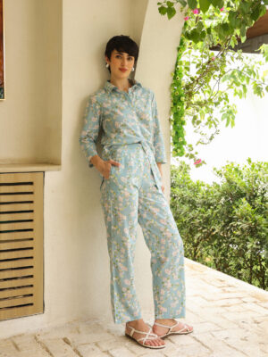 Blue Shirt Collar Pure Cotton Printed Floral Night Suit for Women