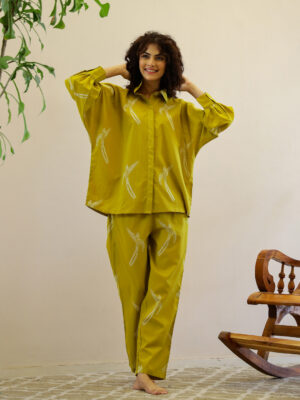 Mustard Shirt Collar Animal Pure Cotton Night Suit For Women