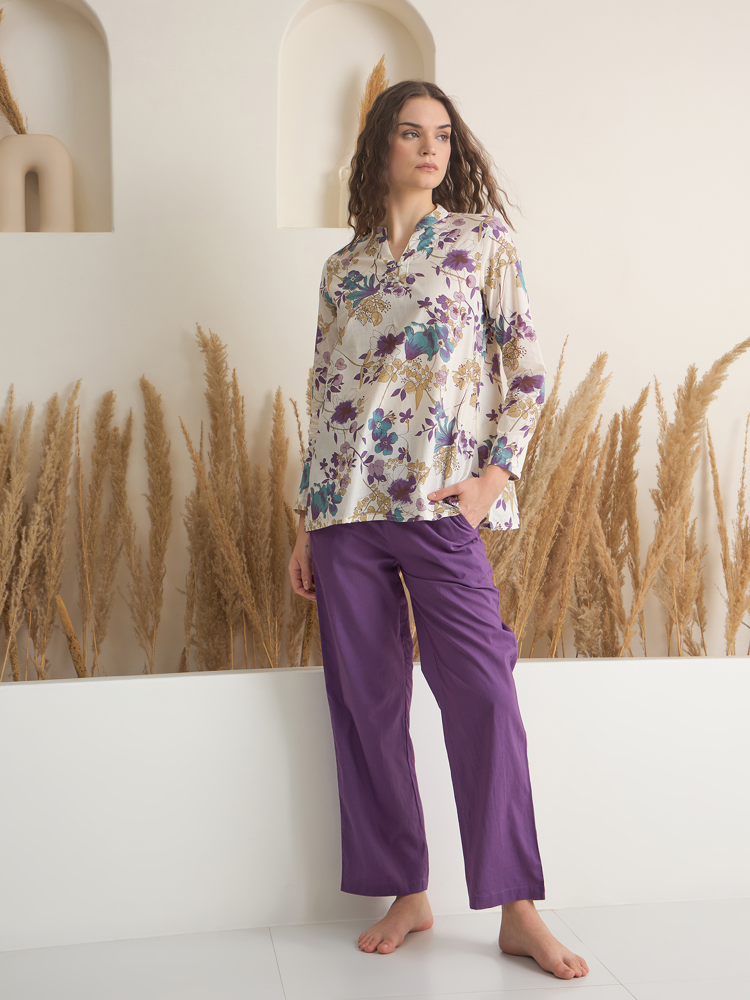 White V-Neck Pure Cotton Printed Night Suit for Women
