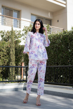 White Floral Printed Round Neck Night Suit For Women