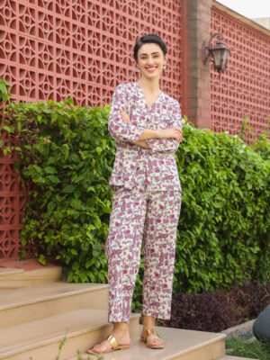 Multi Round Neck Pure Cotton Printed Floral Night Suit for Women