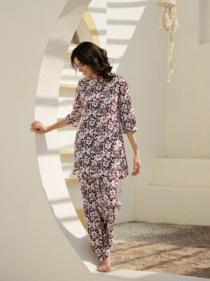 Maroon Floral Lapel Collar Pure Cotton Night Suit For Women