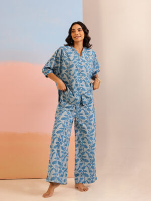 Teal Color Tropical Print Round Neck Pure Cotton Night Suit For Women