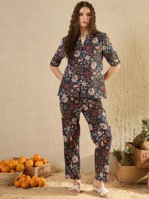 White Geometric V-Neck Pure Cotton Night Suit For Women