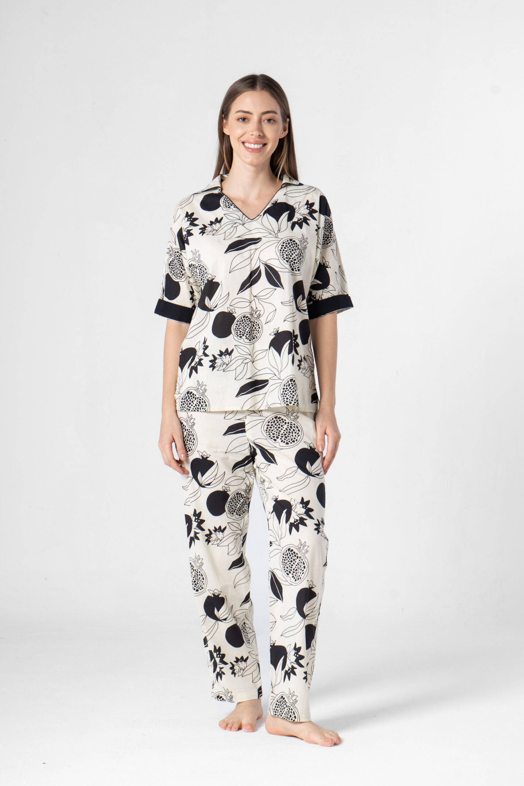 Off White Abstract Lapel Collar Pure Cotton Night Suit For Women