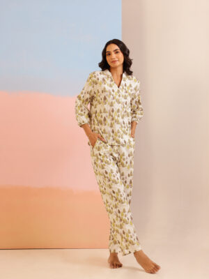 Cream Color Tropical Print Round Neck Pure Cotton Night Suit For Women