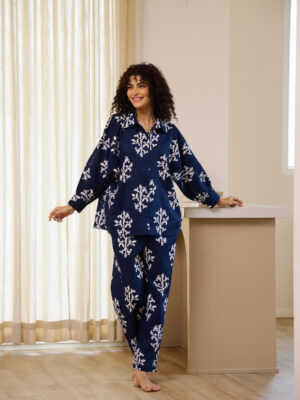 Navy Blue Shirt Collar Geometric Pure Cotton Night Suit For Women