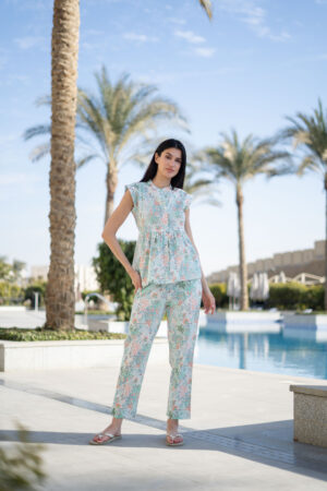 White Mandarin Collar Floral Pure Cotton Night Suit For Women