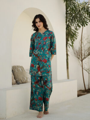 Green Floral V-Neck Pure Cotton Night Suit For Women