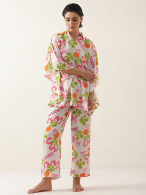 Off White Abstract Print V-Neck Cotton Night Suit For Women