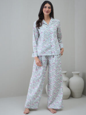 White Floral Shirt Collar Pure Cotton Night Suit For Women