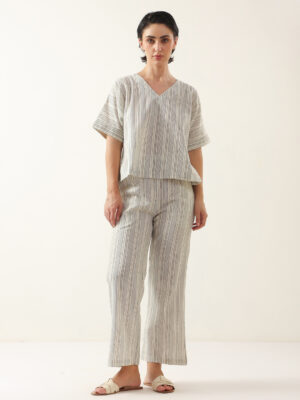 Grey Color V-Neck Striped Print Cotton Night Suit For Women
