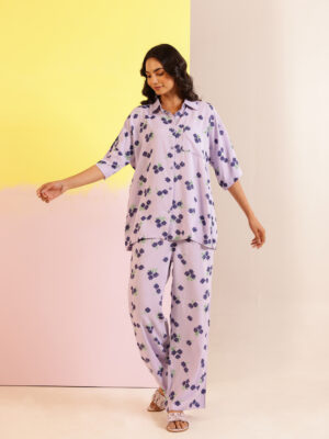 Lavender Color Floral Printed Viscose Rayon Night Suit For Women