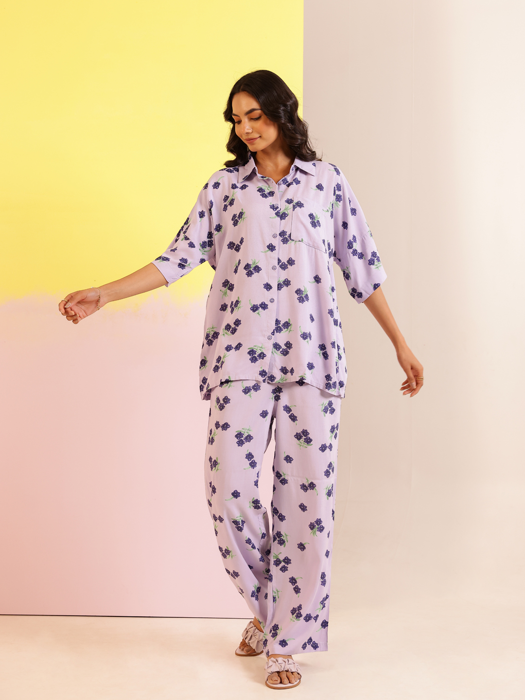 Lavender Color Floral Printed Viscose Rayon Night Suit For Women