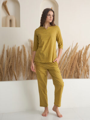 Yellow Round Neck Pure Cotton Printed Night Suit for Women