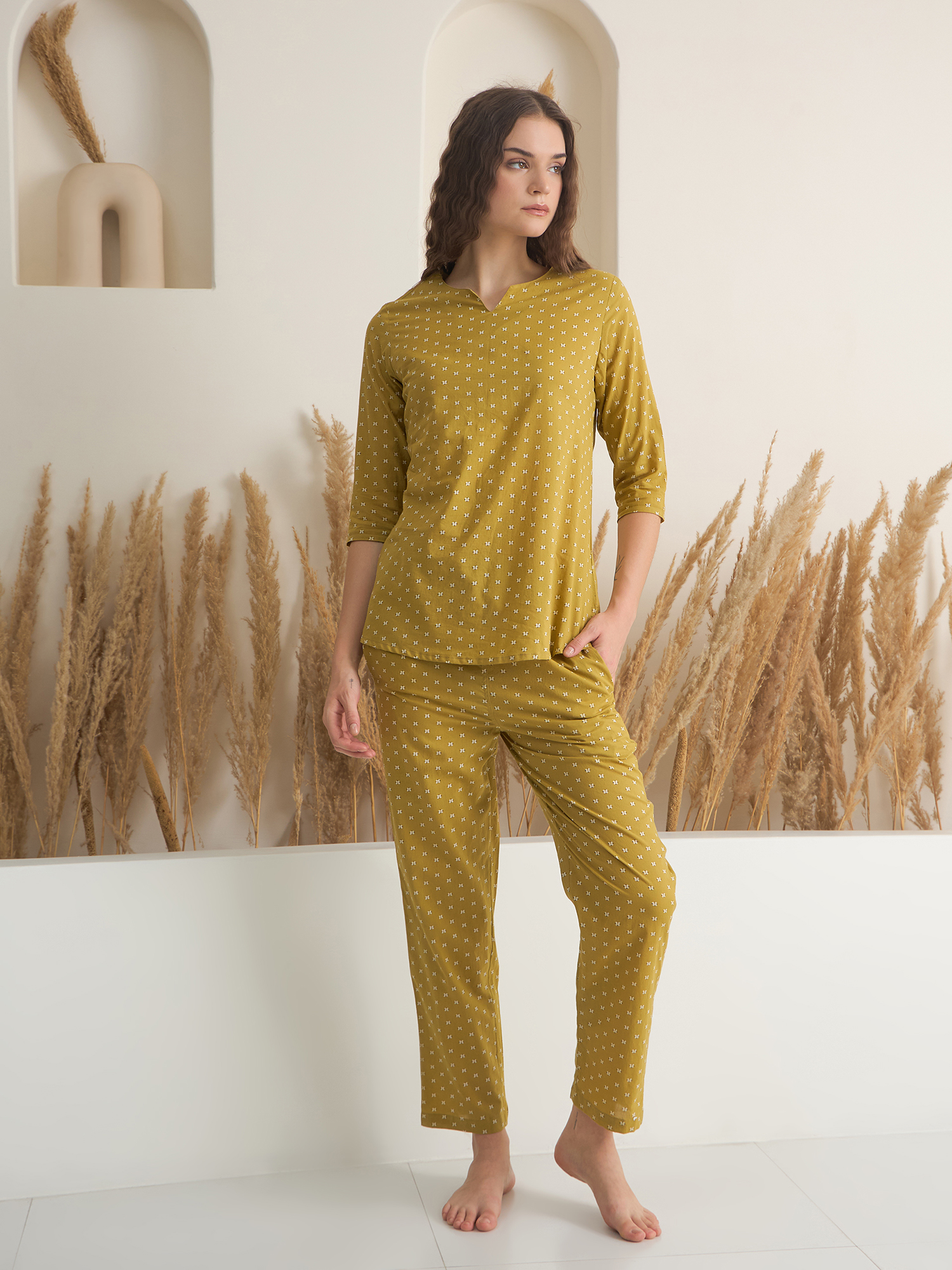 Yellow Round Neck Pure Cotton Printed Night Suit for Women