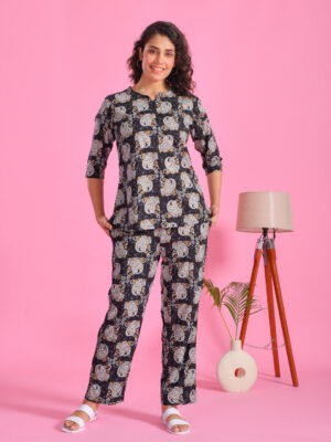 Black Floral Round Neck Viscose Rayon Night Suit For Women