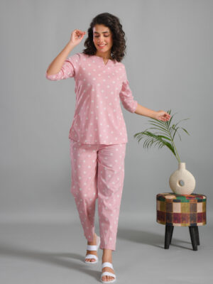 Pink Plolka Dots Round Neck Cotton Night Suit For Women