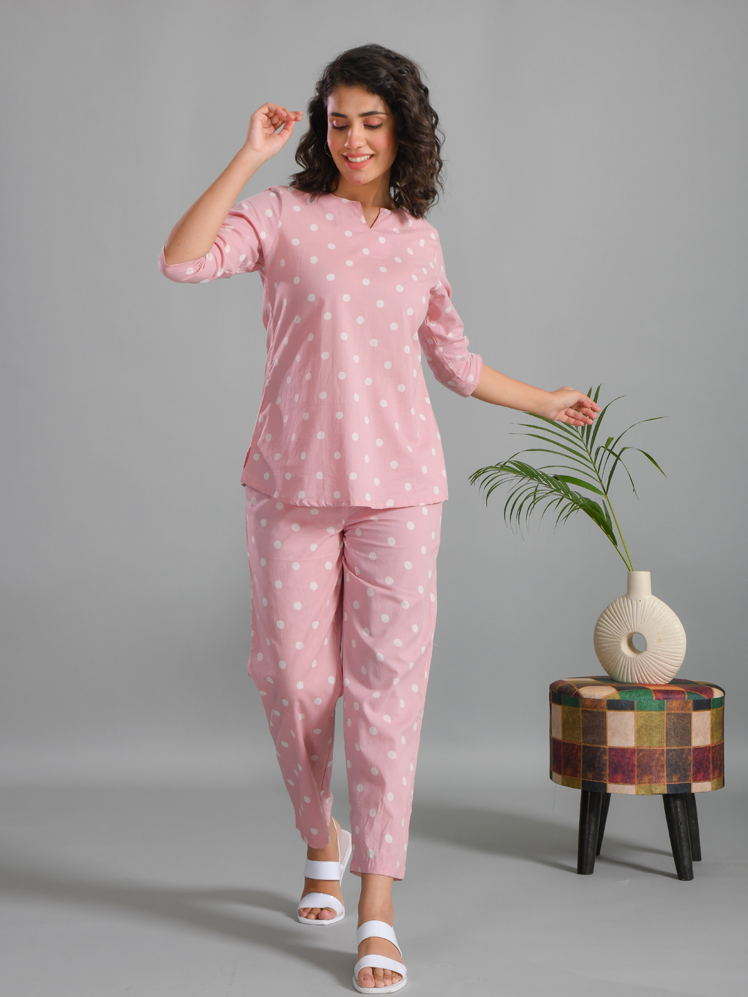 Pink Plolka Dots Round Neck Cotton Night Suit For Women