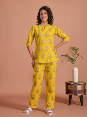 Yellow Round Neck Floral Print Cotton Night Suit For Women