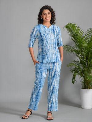 Blue Motif Print Round Neck Cotton Night Suit For Women