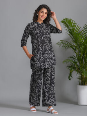 Black Floral V-Neck Pure Cotton Night Suit For Women