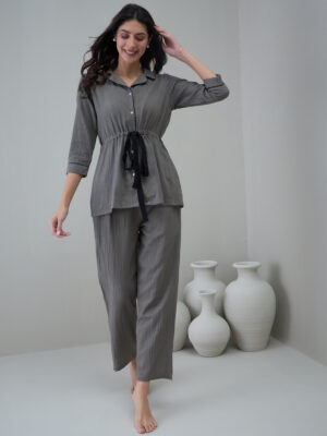 Grey Shirt Collar Solid Cotton Night Suit for Women
