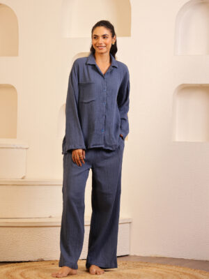 Navy Blue Lapel Collar Pure Cotton Solid Night Suit for Women