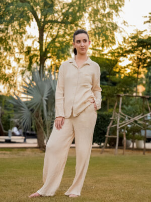 Beige Geometric Round Neck Pure Cotton Night Suit For Women
