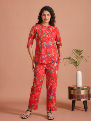 Red Pure Cotton Animal Print Round Neck Night Suit For Women
