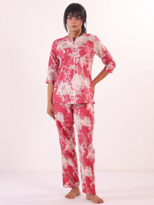 Pink Geometric Round Neck Viscose Rayon Night Suit For Women