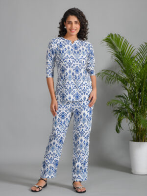 Navy Blue Viscose Rayon Printed Round Neck Night Suit For Women
