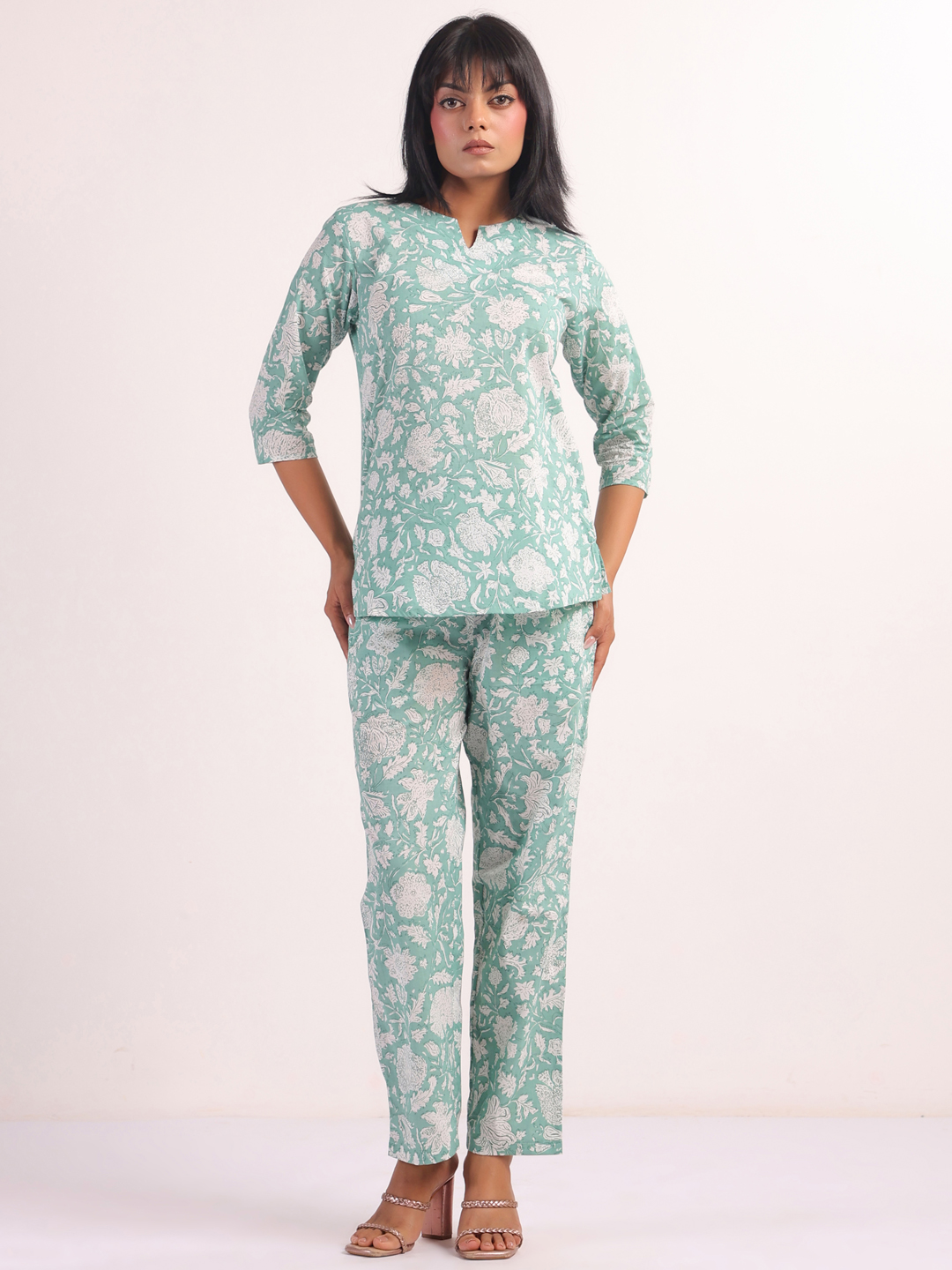 Green Conversational Round Neck Pure Cotton Night Suit For Women