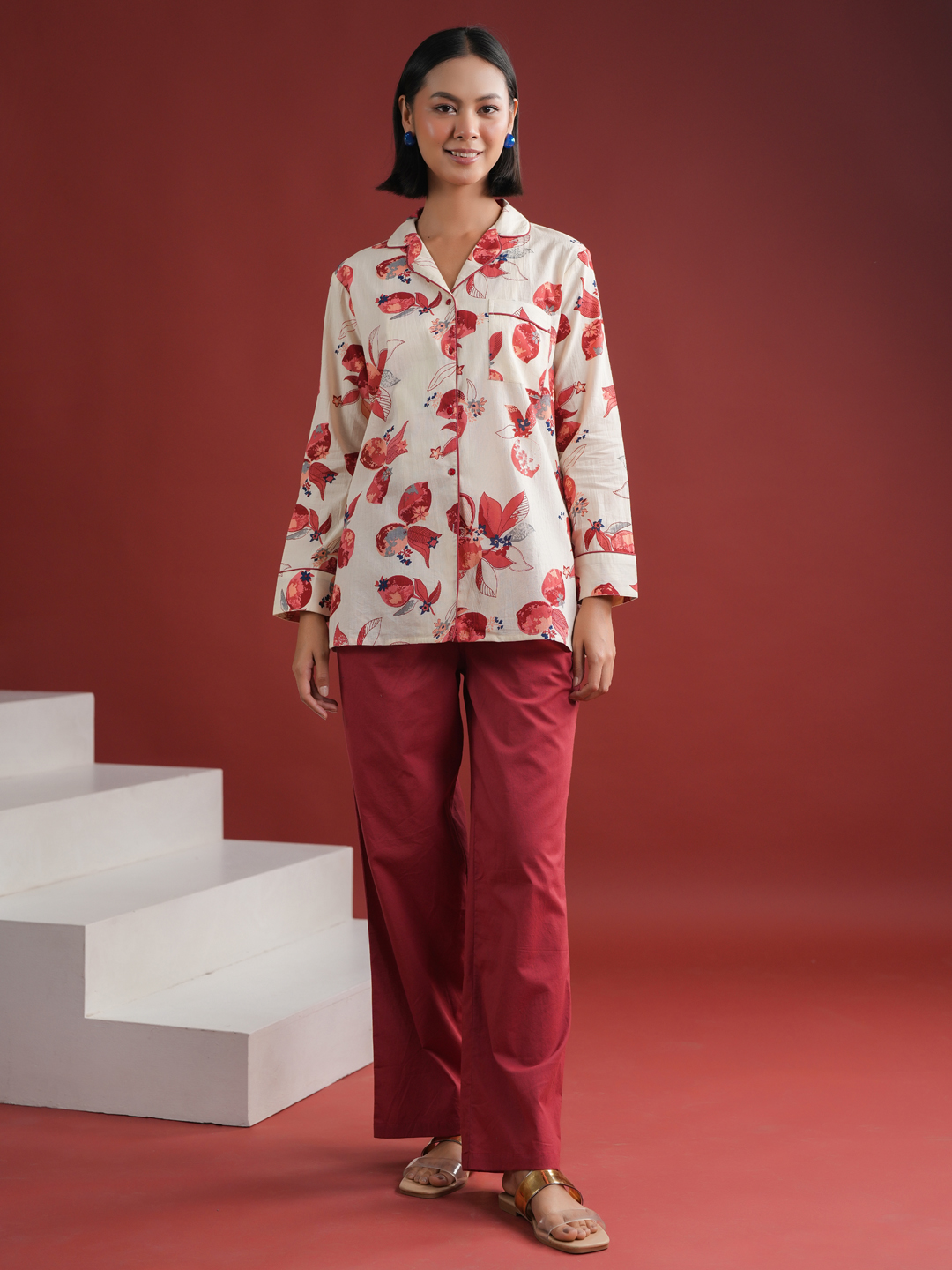 White Abstract Shirt Collar Pure Cotton Night Suit For Women