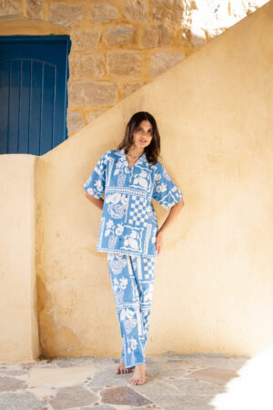 Blue Lapel Collar Abstract Printed Pure Cotton Night Suit