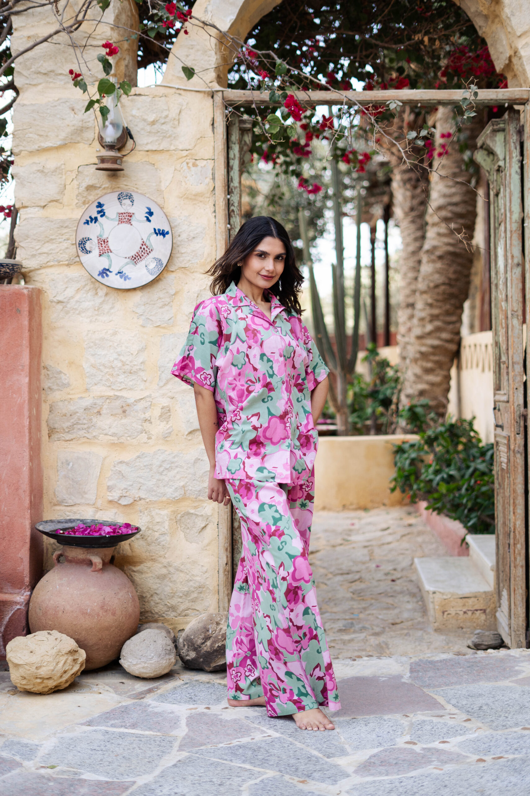 Pink Lapel Collar Floral Printed Pure Cotton Night Suit