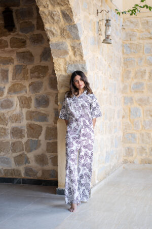 White V-Neck Tropical Printed Pure Cotton Night Suit