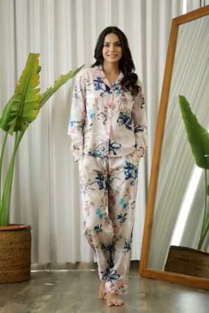 Beige Floral Print Lapel Collar Cotton Night Suit For women