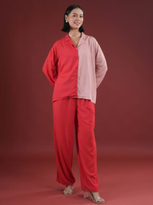 Red Solid Shirt Collar Pure Cotton Night Suit For Women