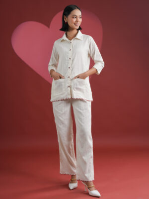 White Geometric Shirt Collar Pure Cotton Night Suit For Women