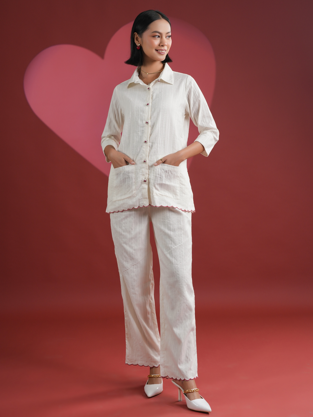 White Geometric Shirt Collar Pure Cotton Night Suit For Women