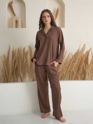 Brown V-Neck Viscose Rayon Solid Night Suit for Women