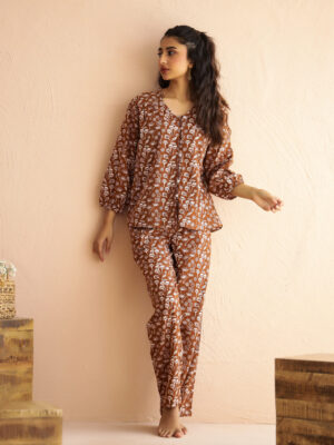 Brown V-Neck Pure Cotton Printed Floral Night Suit for Women