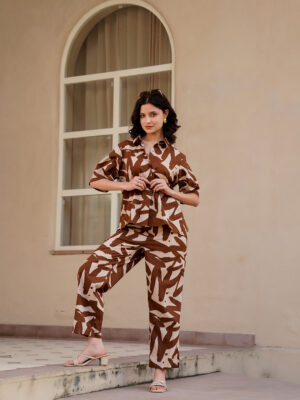 Coffee Brown Abstract Shirt Collar Pure Cotton Night Suit For Women