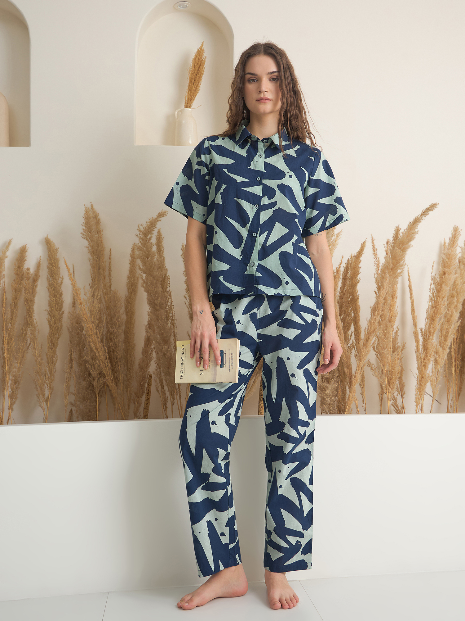 Navy Blue Abstract Print Shirt Collar Print Night Suit For Women
