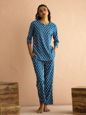 Blue Round Neck Viscose Rayon Printed Ethnic Motifs Night Suit for Women