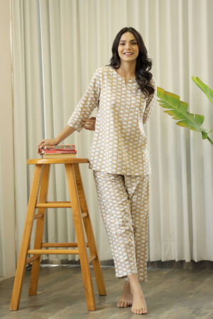 Brown Cotton Elephant Print Night Suit Set with Payjama