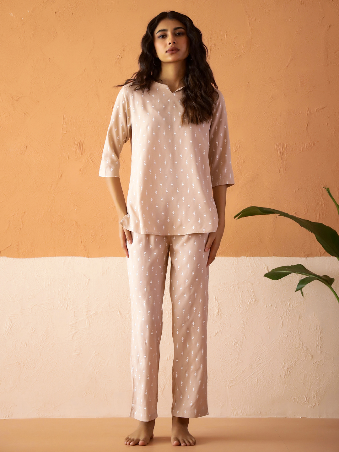 Cream Round Neck Viscose Rayon Ethnic Motifs Printed Night Suit for Women