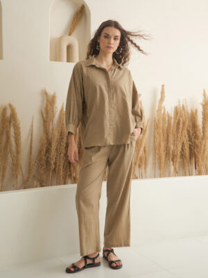 Beige Shirt Collar Pure Cotton Solid Night Suit for Women