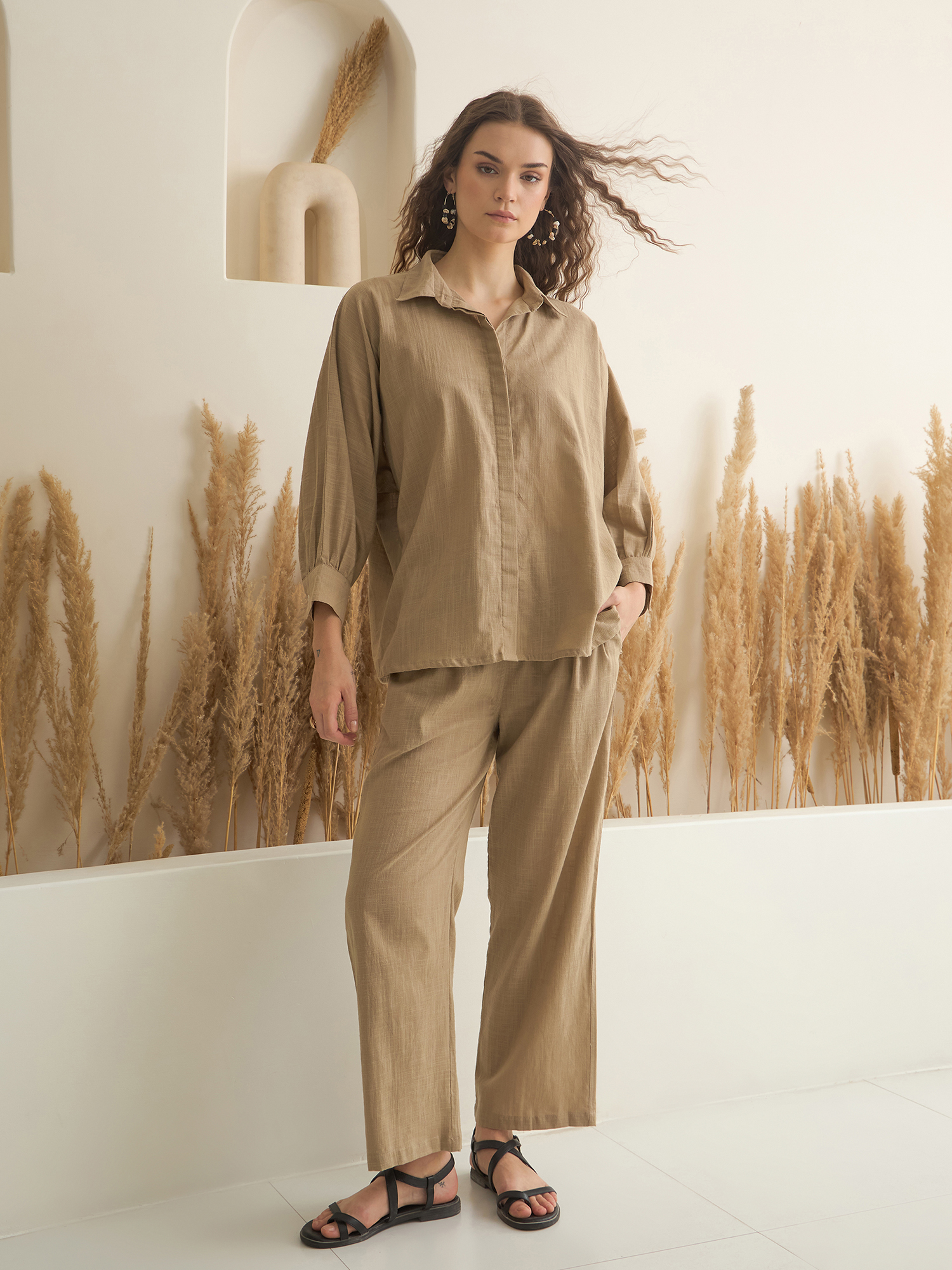 Beige Shirt Collar Pure Cotton Solid Night Suit for Women